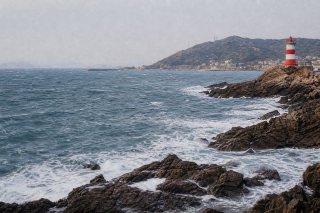 海浪拍打礁石，远处灯塔与渔村迎着海风